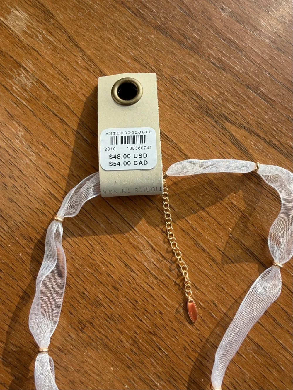 NWT Anthropologie Ribbon Adjustable Length Necklace with Gold Shell Pendant